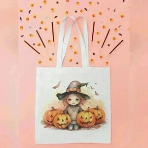 Little Witch Girl in Hat Halloween Canvas Tote Bag